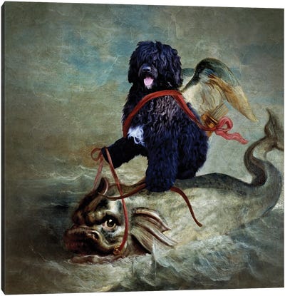 Portuguese Water Dog Cupid Sailing On A Dolphin Canvas Art Print - Portuguese Water Dog