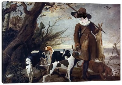 English Pointer Hunter With Dogs In A Landscape Canvas Art Print - Pointers & Setters