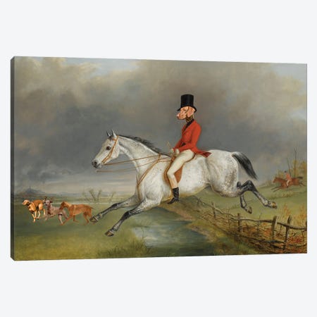 Vizsla Clearing A Fence On A Grey Hunter Canvas Print #NDG1974} by Nobility Dogs Canvas Wall Art