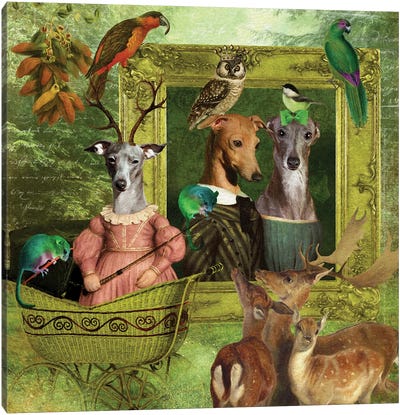 Italian Greyhound Woodland Family Portrait Canvas Art Print - Greyhound Art