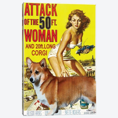 Attack Of The 50 Foot Woman And 20 Foot Long Corgi Canvas Print #NDG2046} by Nobility Dogs Canvas Art