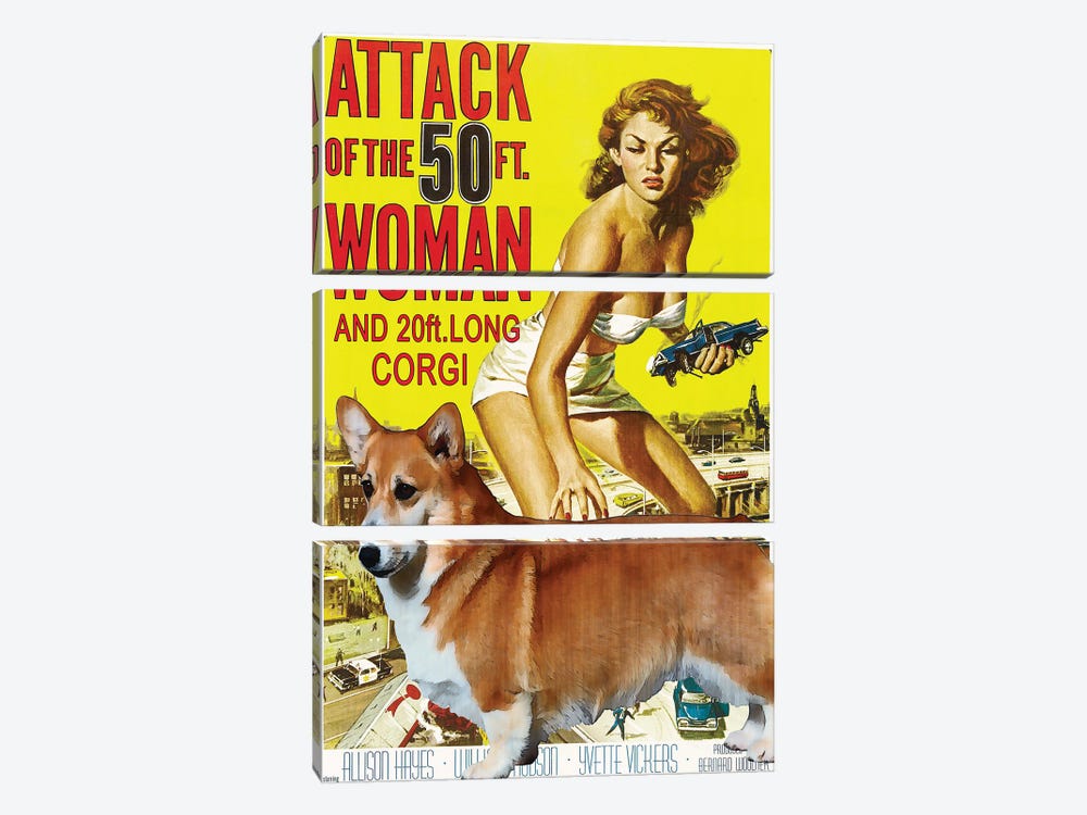 Attack Of The 50 Foot Woman And 20 Foot Long Corgi by Nobility Dogs 3-piece Canvas Print