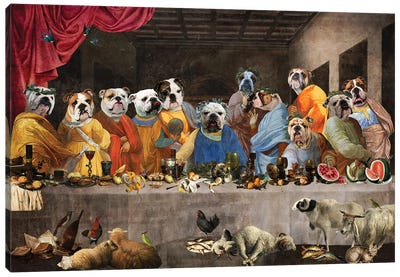 English Bulldog Last Supper Canvas Art Print - Bulldog Art