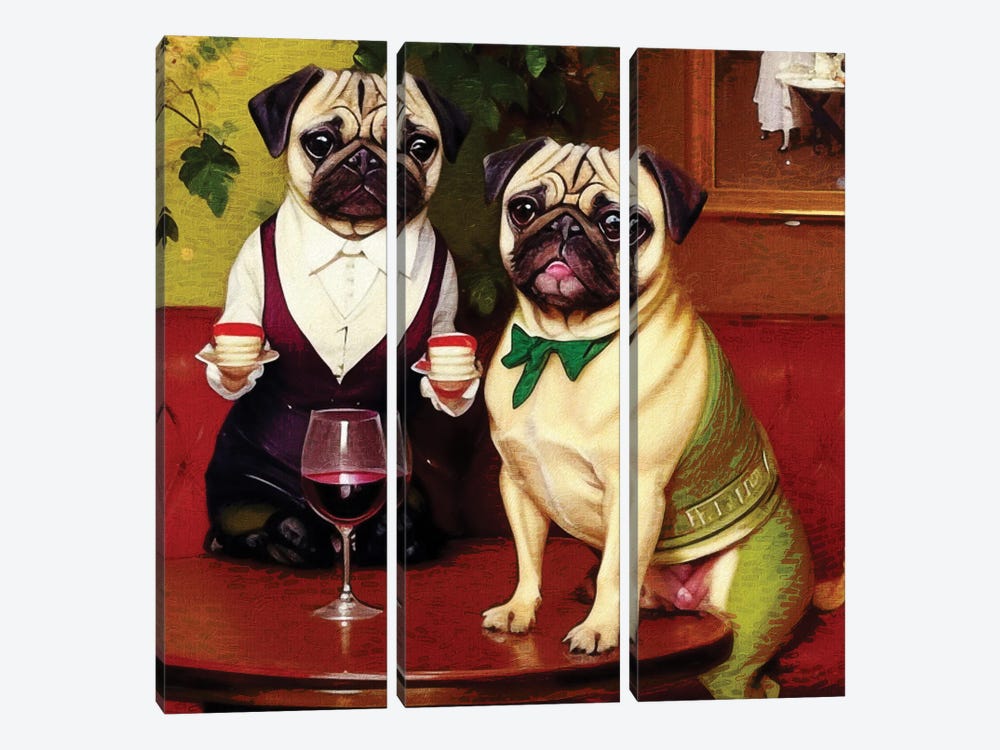 Pugs Date In The Bistro By Edgar Degas by Nobility Dogs 3-piece Canvas Print