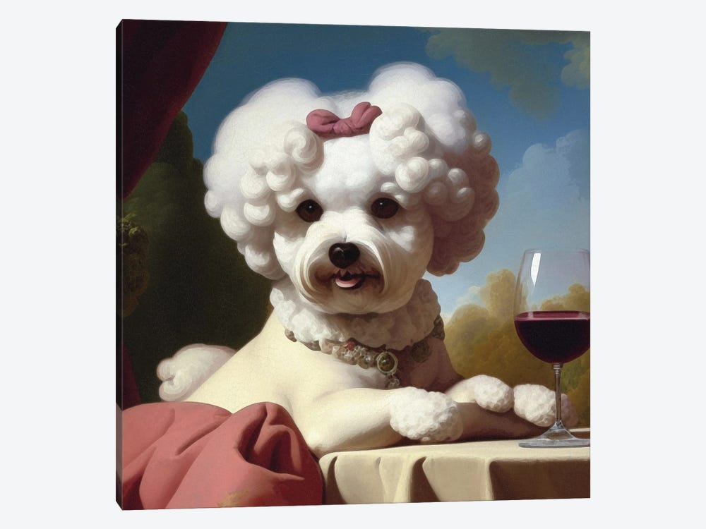 Rococo Bichon Frise With Wine by Nobility Dogs 1-piece Canvas Art