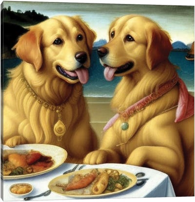 Golden Retrievers Date In The Sea Tavern Canvas Art Print - Office Humor
