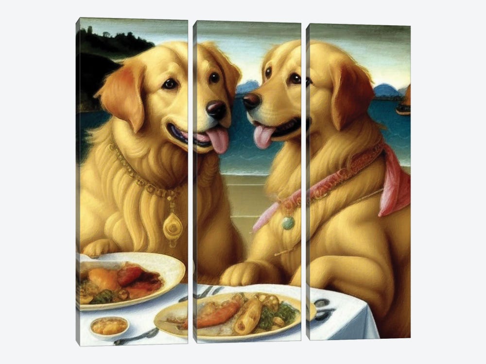 Golden Retrievers Date In The Sea Tavern by Nobility Dogs 3-piece Canvas Print