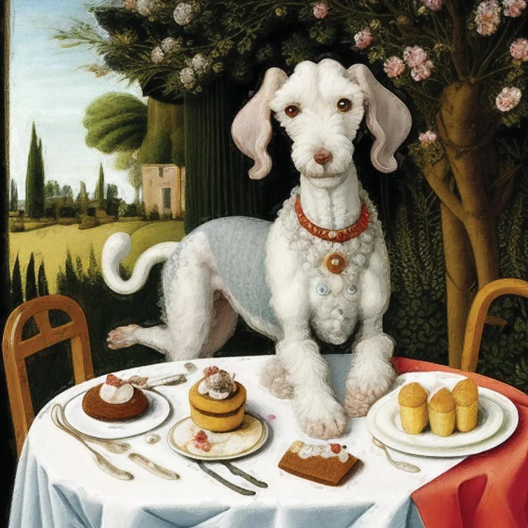 Bedlington Terrier Eats Cake In The Palace Garden