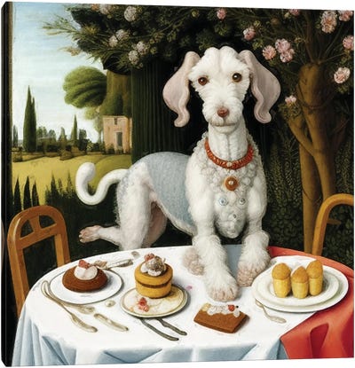 Bedlington Terrier Eats Cake In The Palace Garden Canvas Art Print - Nobility Dogs
