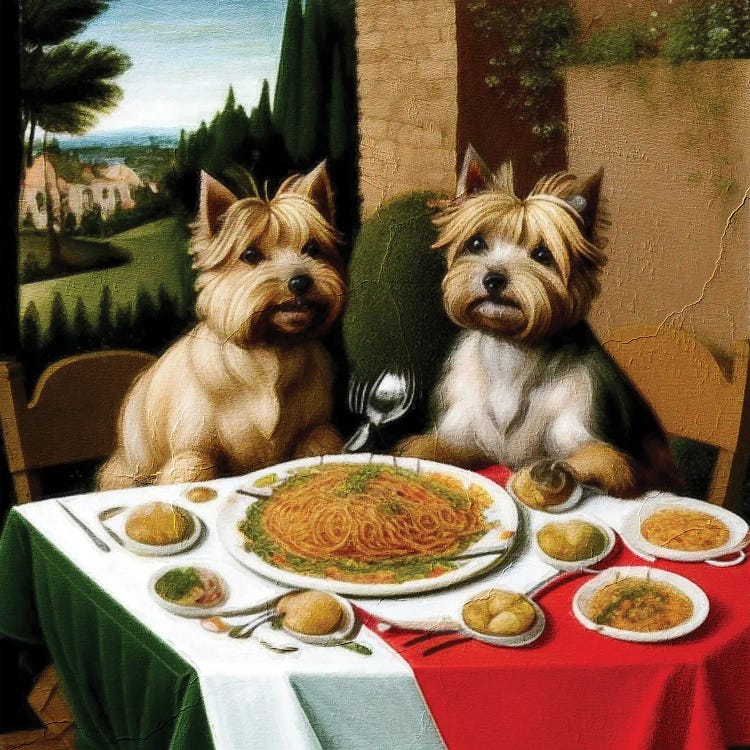 Cairn Terriers On A Date Eating Spaghetti By Caravaggio