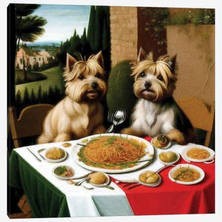 Cairn Terriers On A Date Eating Spaghetti By Caravaggio Canvas Print #NDG2220} by Nobility Dogs Canvas Art Print