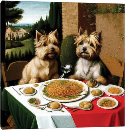 Cairn Terriers On A Date Eating Spaghetti By Caravaggio Canvas Art Print - Pasta Art