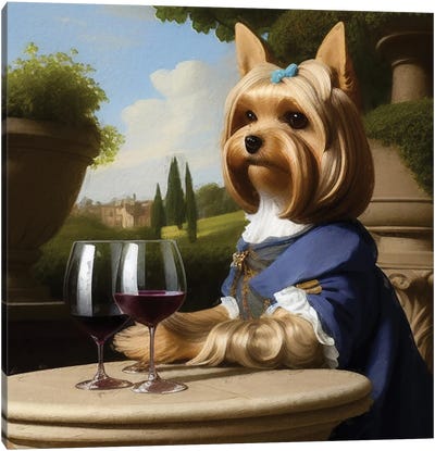 Yorkshire Terrier With Wine By Rococo Canvas Art Print - Office Humor