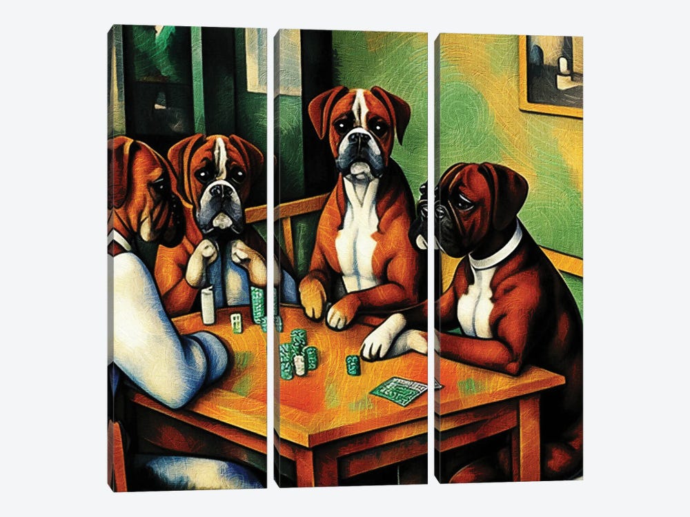Boxer Dog Card Players By Paul Cezanne by Nobility Dogs 3-piece Canvas Artwork