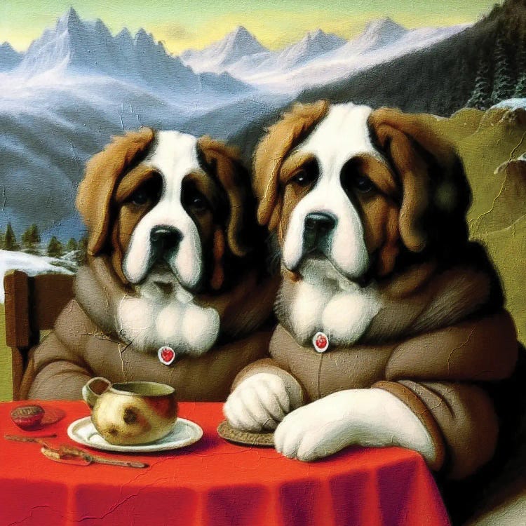 St Bernards With Hot Wine At A Date In The Swiss Alps