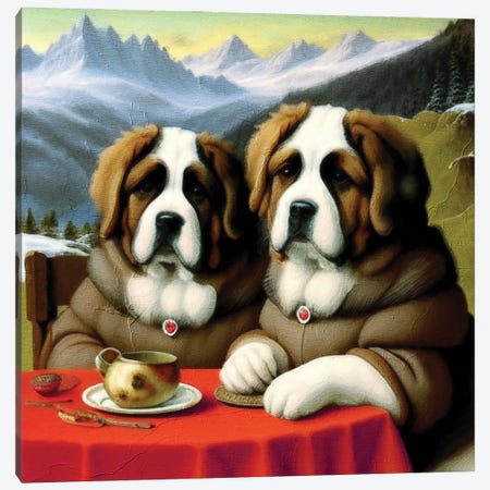 St Bernards With Hot Wine At A Date In The Swiss Alps Canvas Print #NDG2229} by Nobility Dogs Canvas Art Print