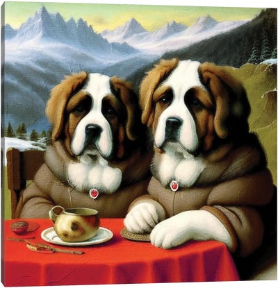 St Bernards With Hot Wine At A Date In The Swiss Alps Canvas Art Print - Nobility Dogs