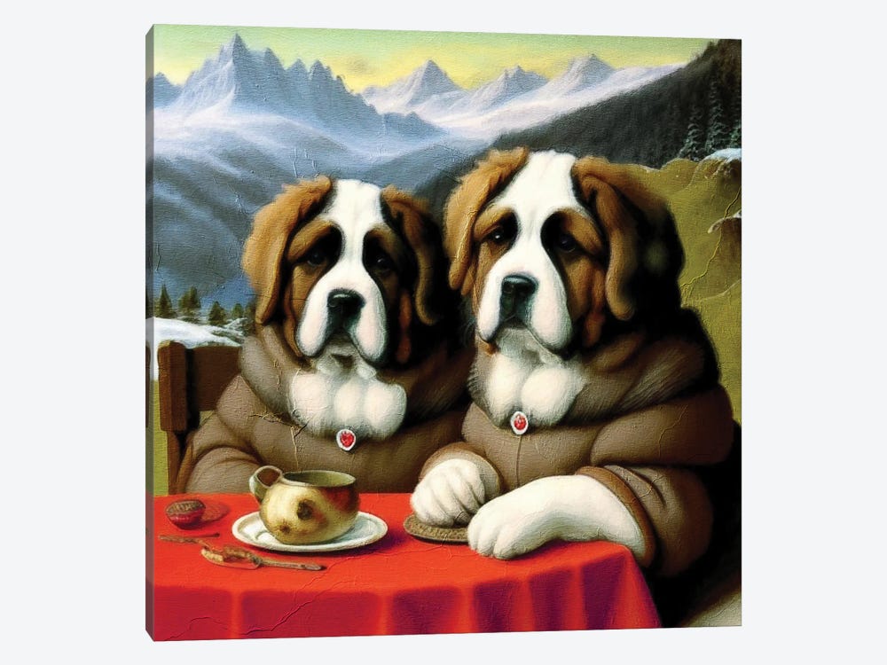 St Bernards With Hot Wine At A Date In The Swiss Alps by Nobility Dogs 1-piece Canvas Art Print