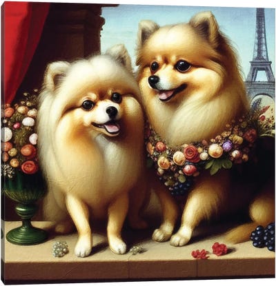 Pomeranians On A Date In Paris Balcony Canvas Art Print - Office Humor