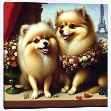 Pomeranians On A Date In Paris Balcony Canvas Print #NDG2232} by Nobility Dogs Canvas Art