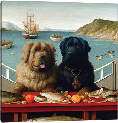 Newfoundland Dogs On A Dinner Date At A Fish Tavern Canvas Art Print - Office Humor
