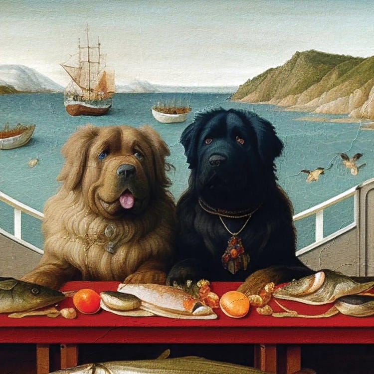 Newfoundland Dogs On A Dinner Date At A Fish Tavern