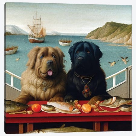 Newfoundland Dogs On A Dinner Date At A Fish Tavern Canvas Print #NDG2233} by Nobility Dogs Canvas Wall Art