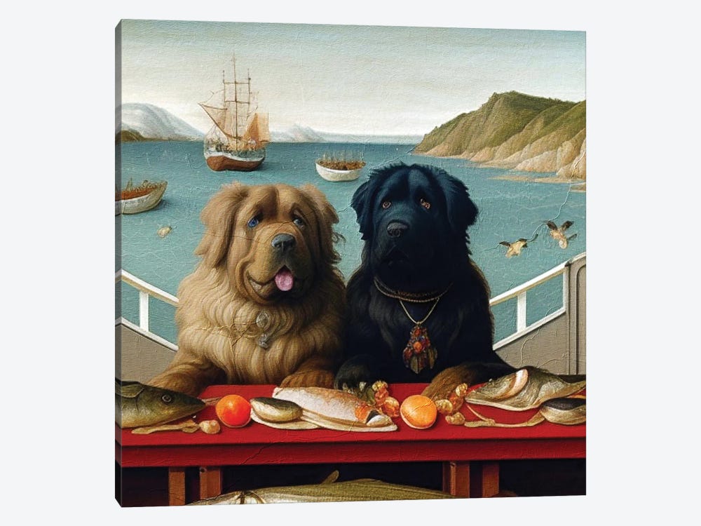 Newfoundland Dogs On A Dinner Date At A Fish Tavern by Nobility Dogs 1-piece Canvas Wall Art