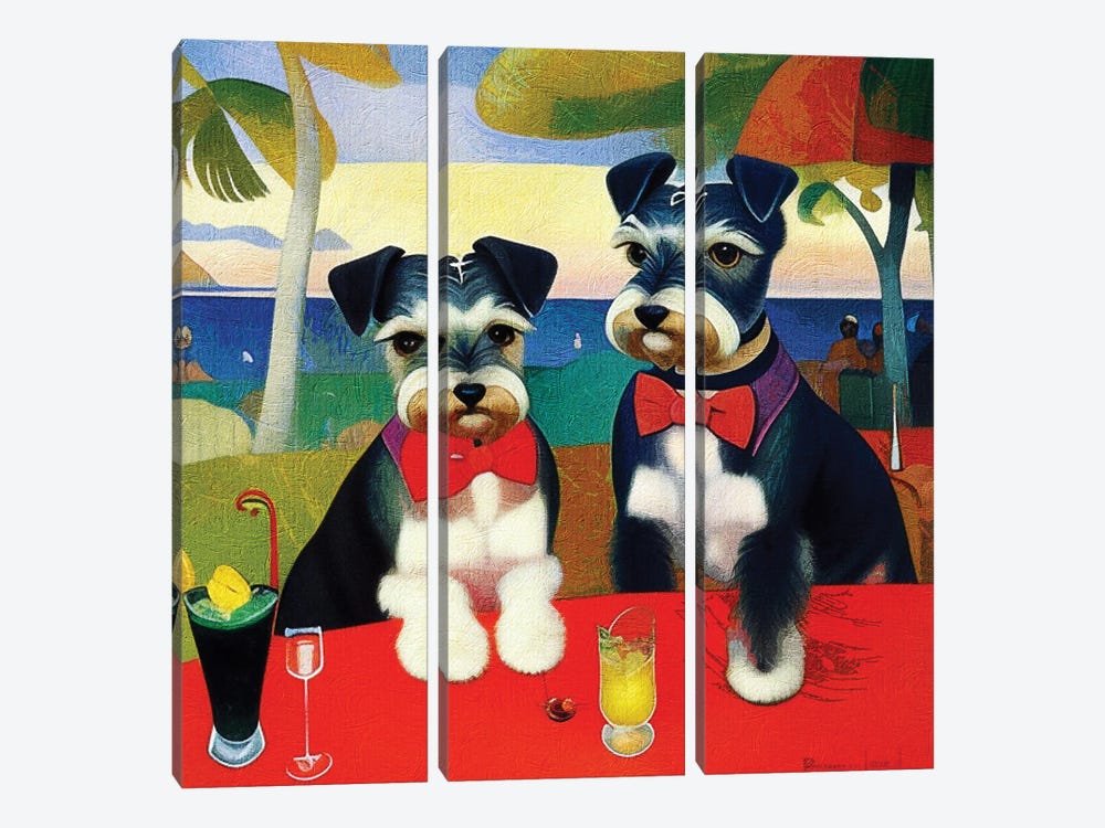 Miniature Schnauzers On A Date In Tahiti Beach By Paul Gauguin by Nobility Dogs 3-piece Canvas Print