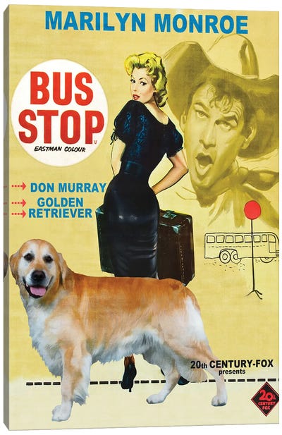 Golden Retriever Bus Stop Movie Canvas Art Print - Golden Retriever Art