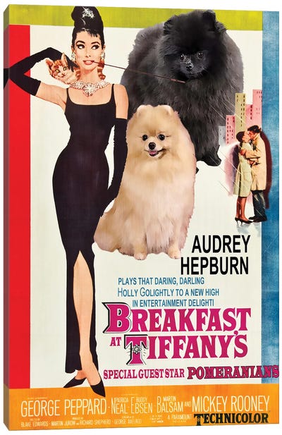 Pomeranian Breakfast At Tiffany Canvas Art Print - Audrey Hepburn