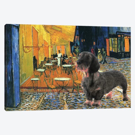 Wirehaired Dachshund Cafe Terrace At Night Canvas Print #NDG284} by Nobility Dogs Art Print