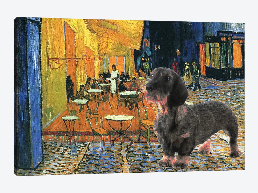 Wirehaired Dachshund Cafe Terrace At Night by Nobility Dogs 1-piece Canvas Print