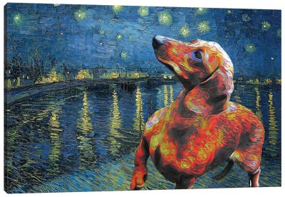 Dachshund Starry Night Over The Rhone Canvas Art Print - Dachshund Art