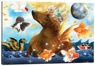 Dachshund Mermaid And Goldfish Canvas Art Print - Starfish Art