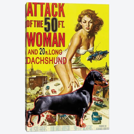Black Dachshund Attack Of The 50Ft Woman Canvas Print #NDG294} by Nobility Dogs Canvas Art