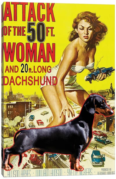 Black Dachshund Attack Of The 50Ft Woman Canvas Art Print - Vintage Movie Posters
