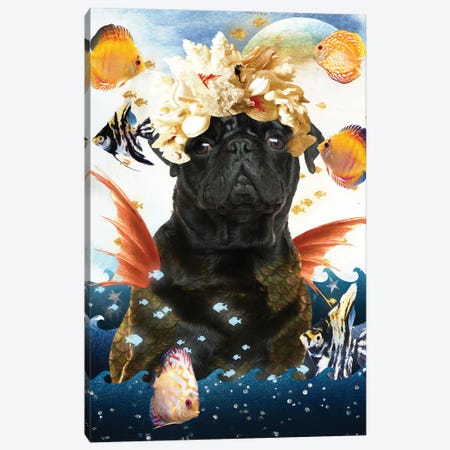 Black Pug Mermaid Canvas Print #NDG305} by Nobility Dogs Canvas Art