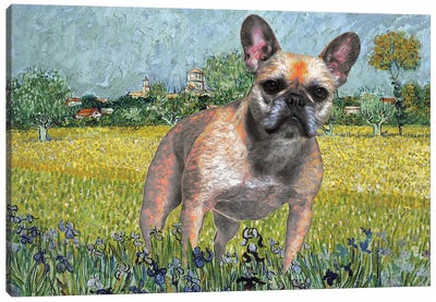 French Bulldog View Of Arles With Irises Canvas Art Print - French Bulldog Art