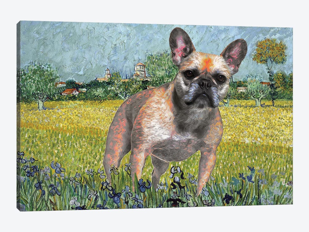 French Bulldog View Of Arles With Irises by Nobility Dogs 1-piece Canvas Artwork