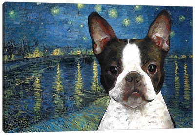Boston Terrier Starry Night Over The Rhone Canvas Art Print - Boston Terrier Art