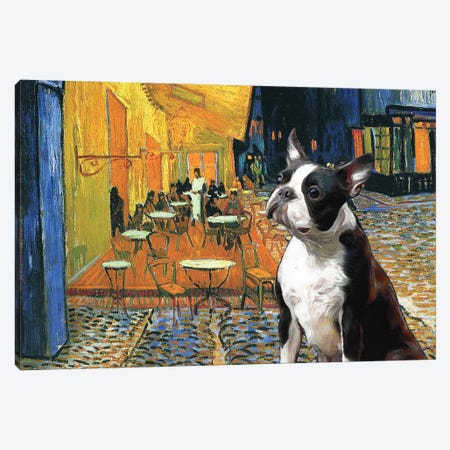 Boston Terrier Cafe Terrace At Night Canvas Print #NDG326} by Nobility Dogs Canvas Artwork