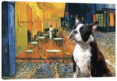 Boston Terrier Cafe Terrace At Night Canvas Art Print - Cafe Art