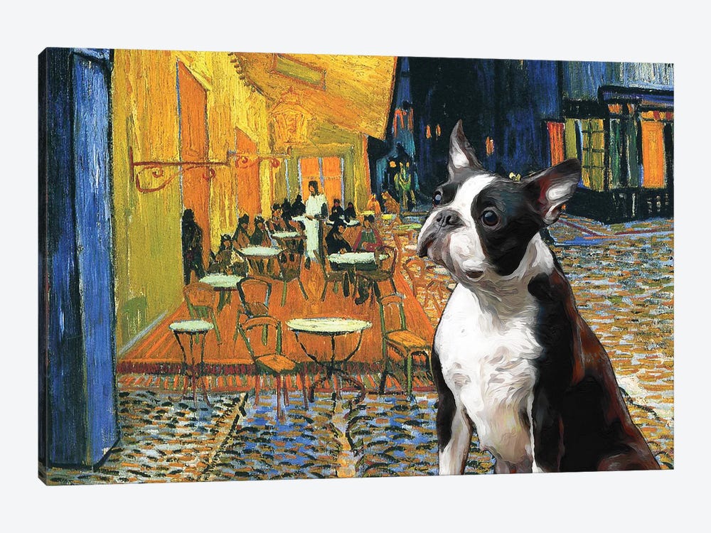 Boston Terrier Cafe Terrace At Night by Nobility Dogs 1-piece Canvas Artwork