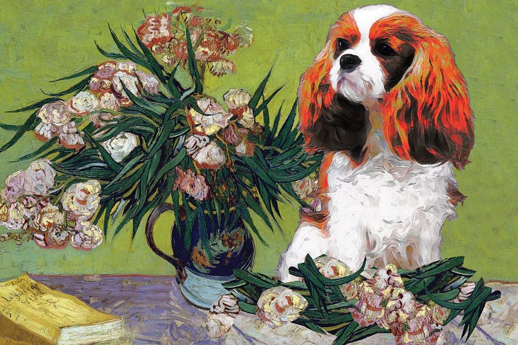 Cavalier King Charles Spaniel Vase With Oleanders