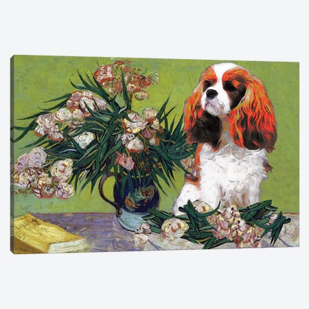 Cavalier King Charles Spaniel Vase With Oleanders Canvas Print #NDG33} by Nobility Dogs Art Print