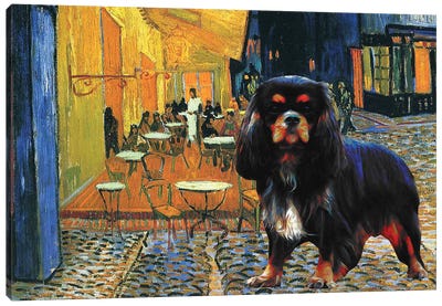 Cavalier King Charles Spaniel Cafe Terrace At Night Canvas Art Print - Cafe Art