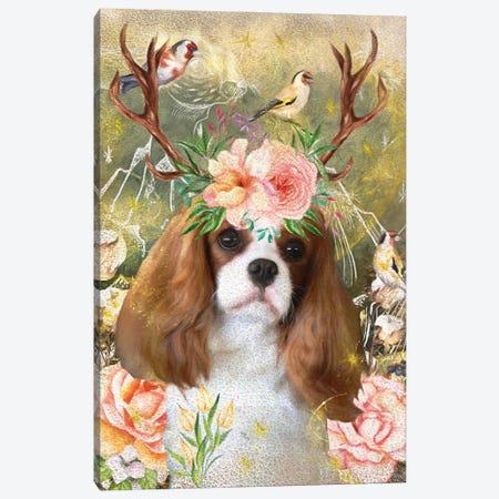 Cavalier King Charles Spaniel With Antlers And Goldfinch Canvas Print #NDG343} by Nobility Dogs Art Print