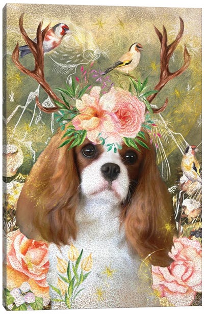 Cavalier King Charles Spaniel With Antlers And Goldfinch Canvas Art Print - Cavalier King Charles Spaniel Art