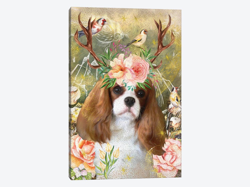 Cavalier King Charles Spaniel With Antlers And Goldfinch by Nobility Dogs 1-piece Canvas Art Print